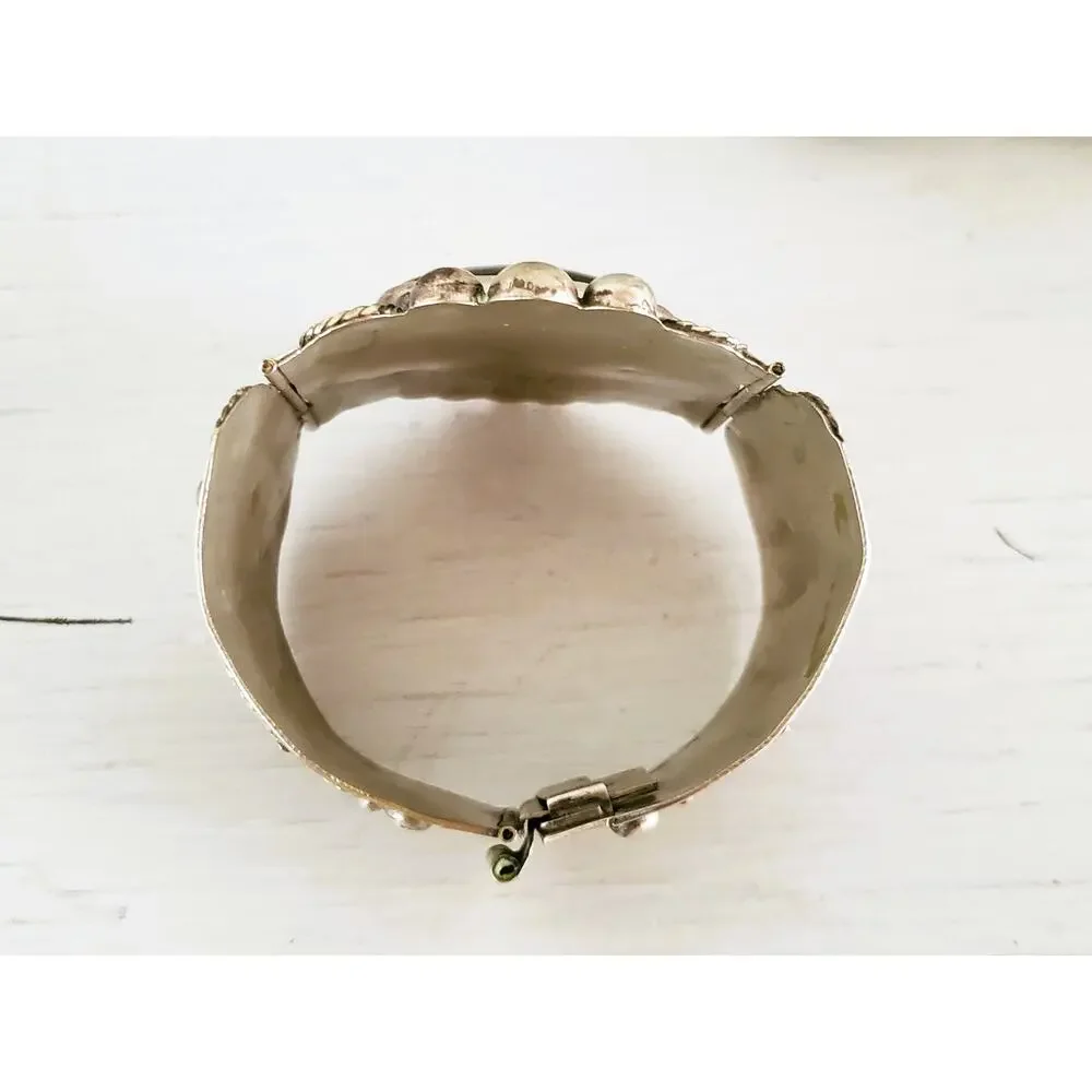 Vintage Large Silver Panel Onyx Mexico Panel Bracelet